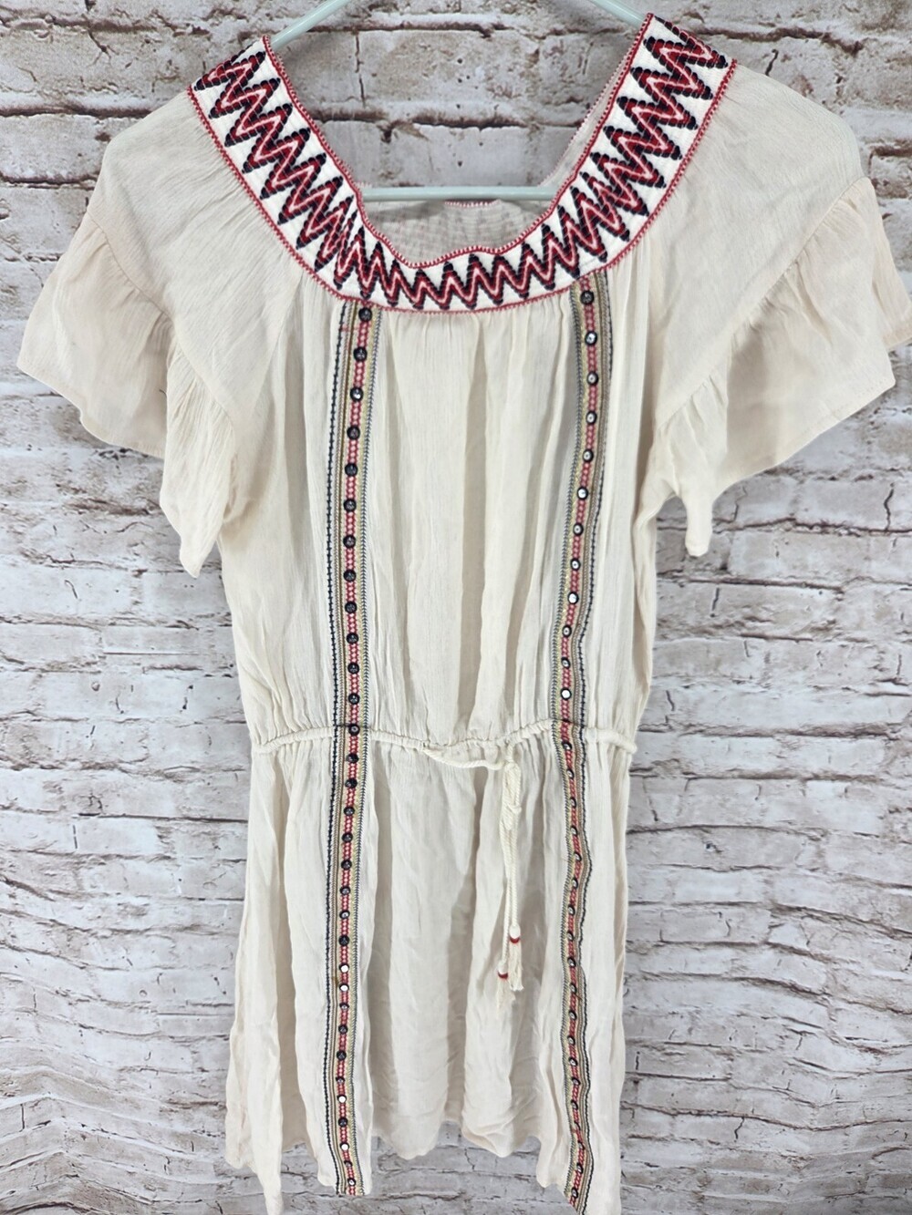 Small POL Boho Dress Short Sleeve Beaded Drawstring